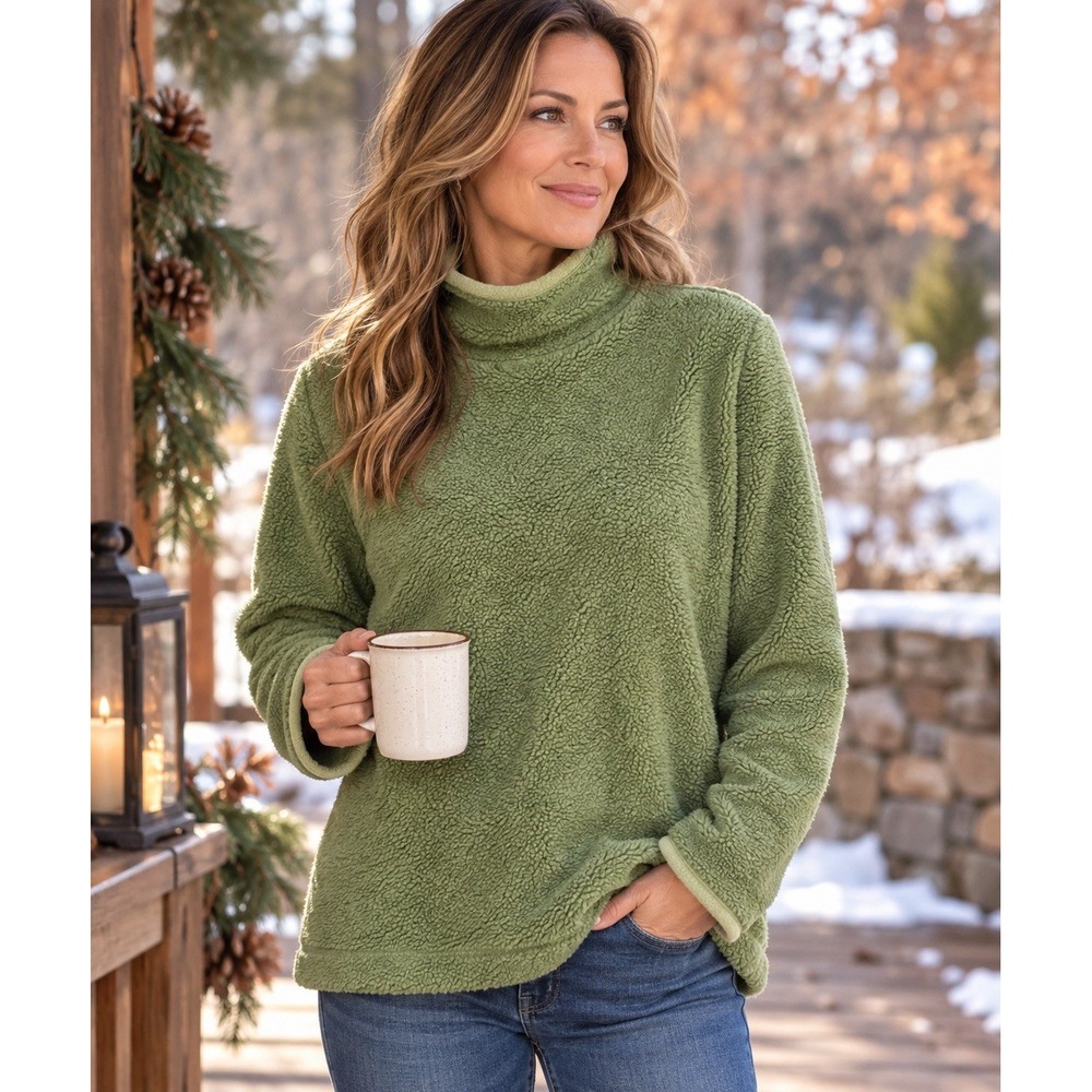 L.L.Bean Women's M Sherpa Fleece Turtleneck Pullover Sage Green Teddy Cozy